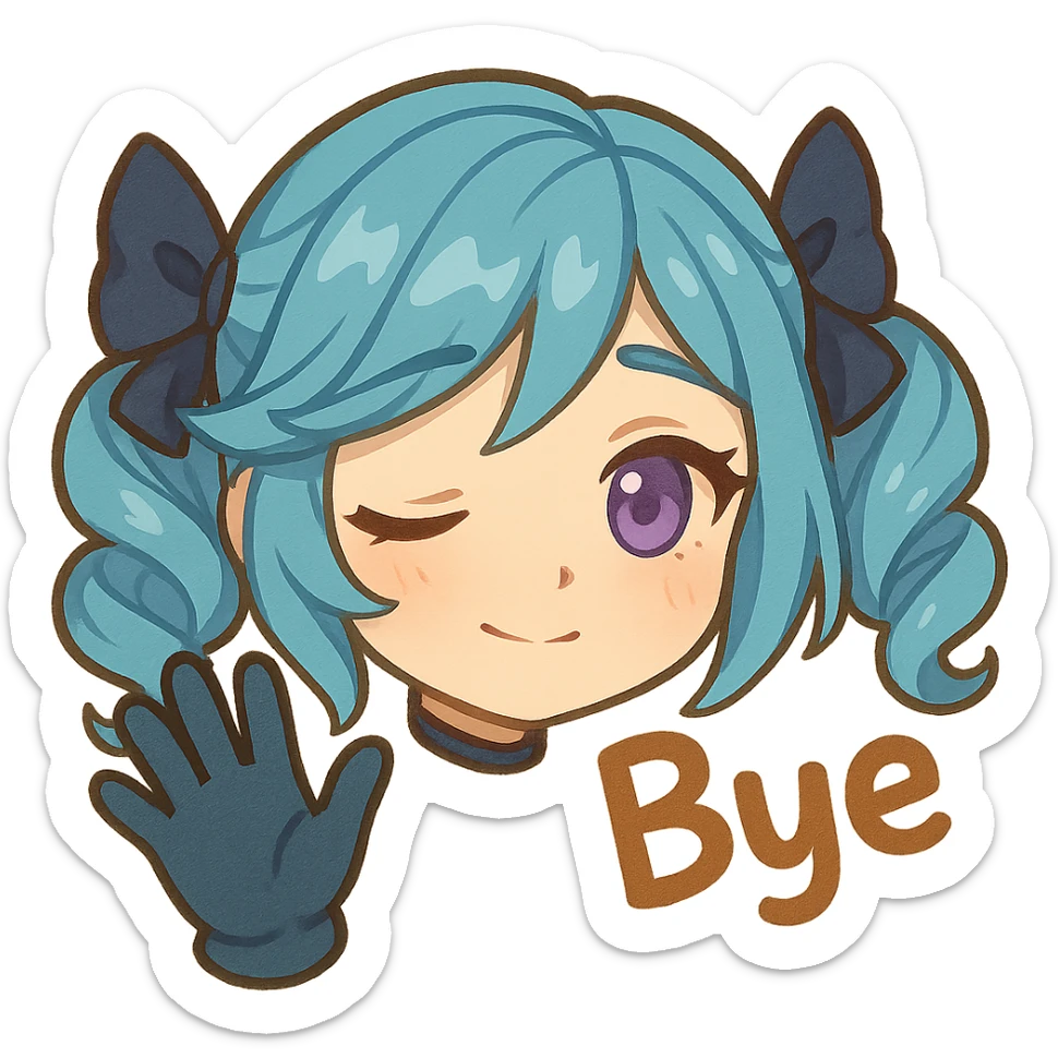 chibi style head of Gwen from League of Legends, right eye purple, one hand waving with glove, expressing a goodbye emote, wistful and soft look, no letters sticker