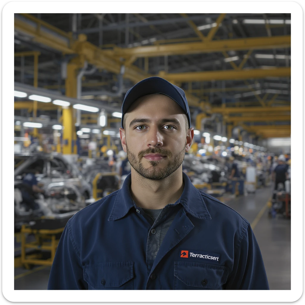 Realistic car factory, detailed machinery, industrial atmosphere, workers in uniforms, assembly lines with cars in production, realistic lighting and shadows, large warehouse-like structure with high ceilings, metal beams, and industrial equipment, realistic style sticker