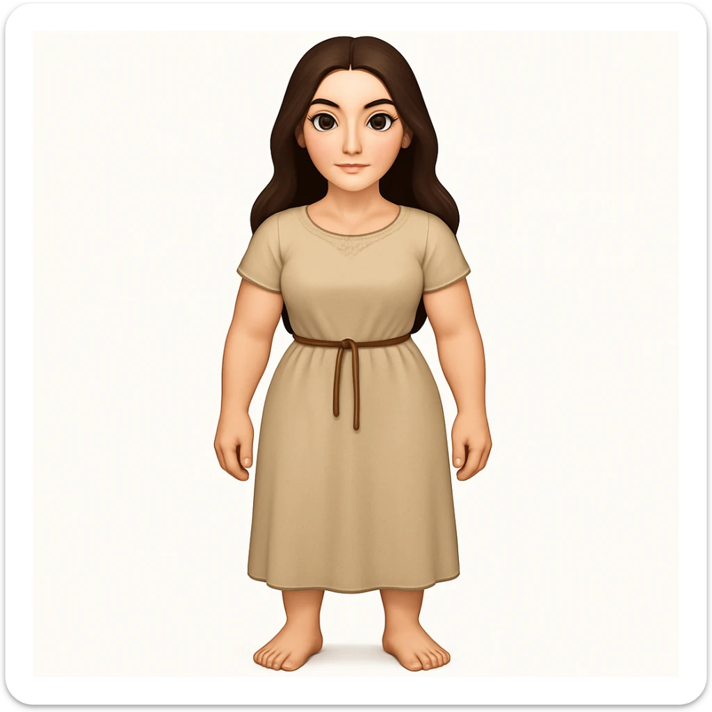 Fullbody Mary Magdalene, athletic and curvy, very pretty detailed face, simple light tan dress, no hood, dark hair, arms lowered to a normal pose with hands by hips, in emoji style. sticker