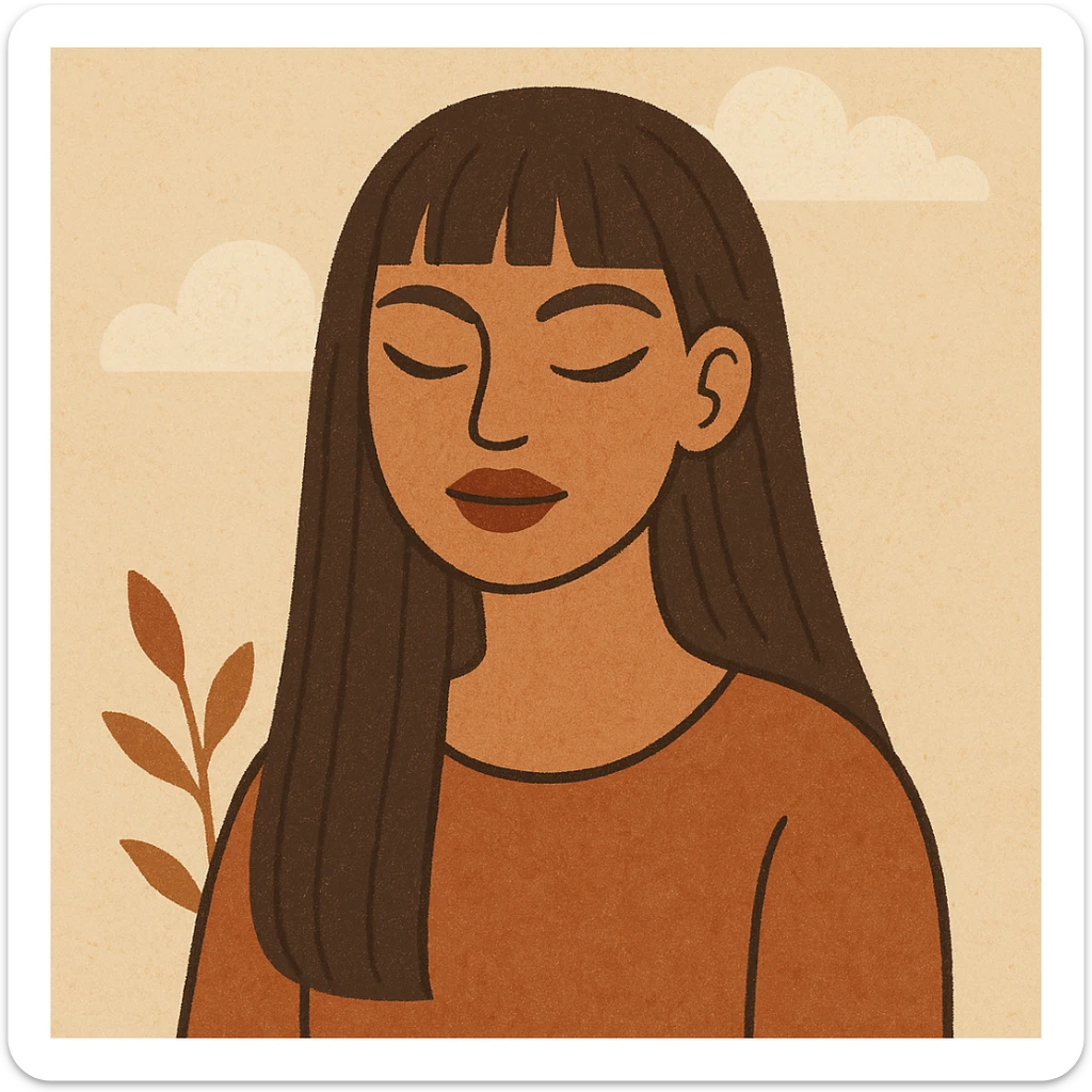 illustration of an Indian girl with straight long hair and a fringe, big lips, slightly slanted eyes, winged eye liner, flat warm colors style sticker
