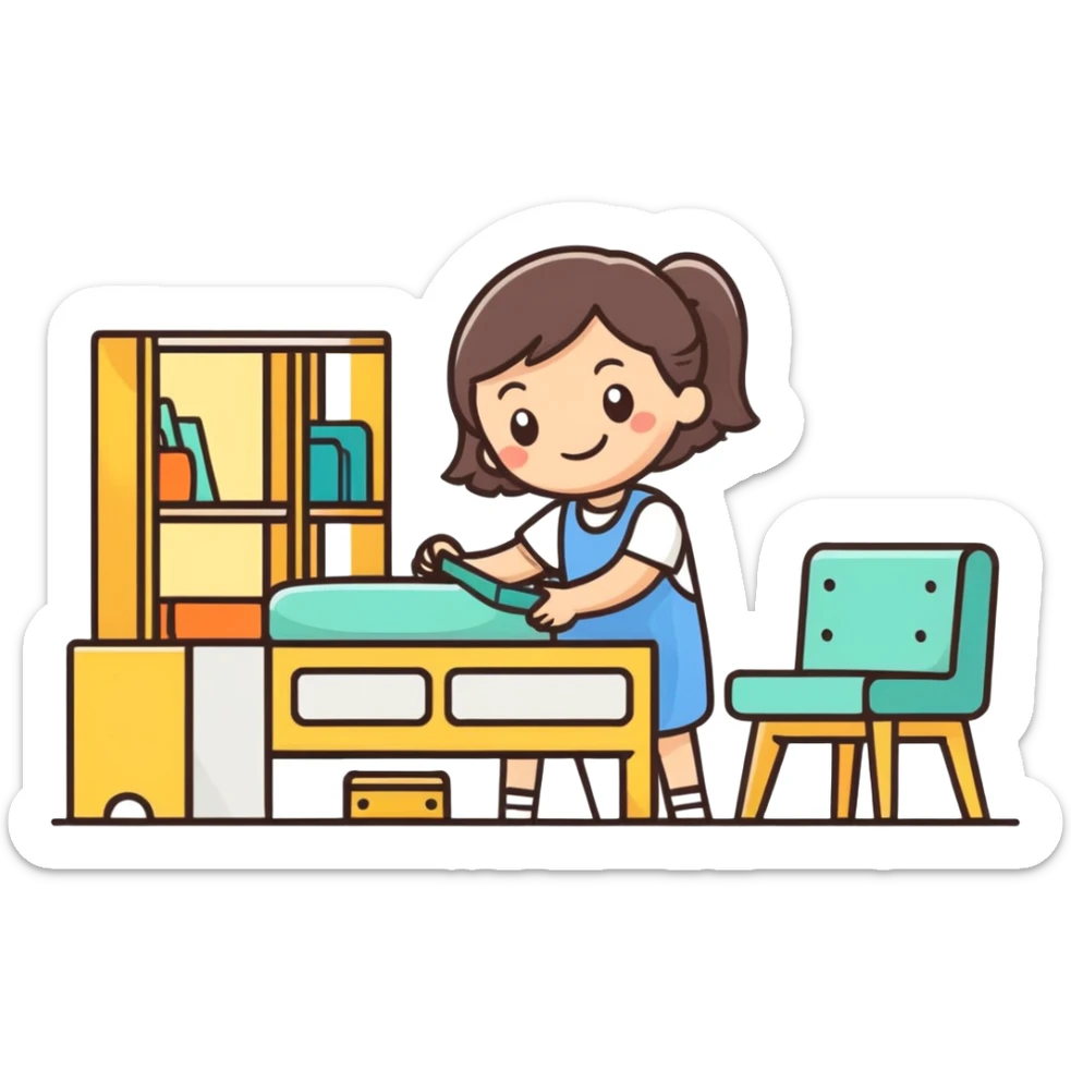 smiling girl arranging furniture in doll house sticker