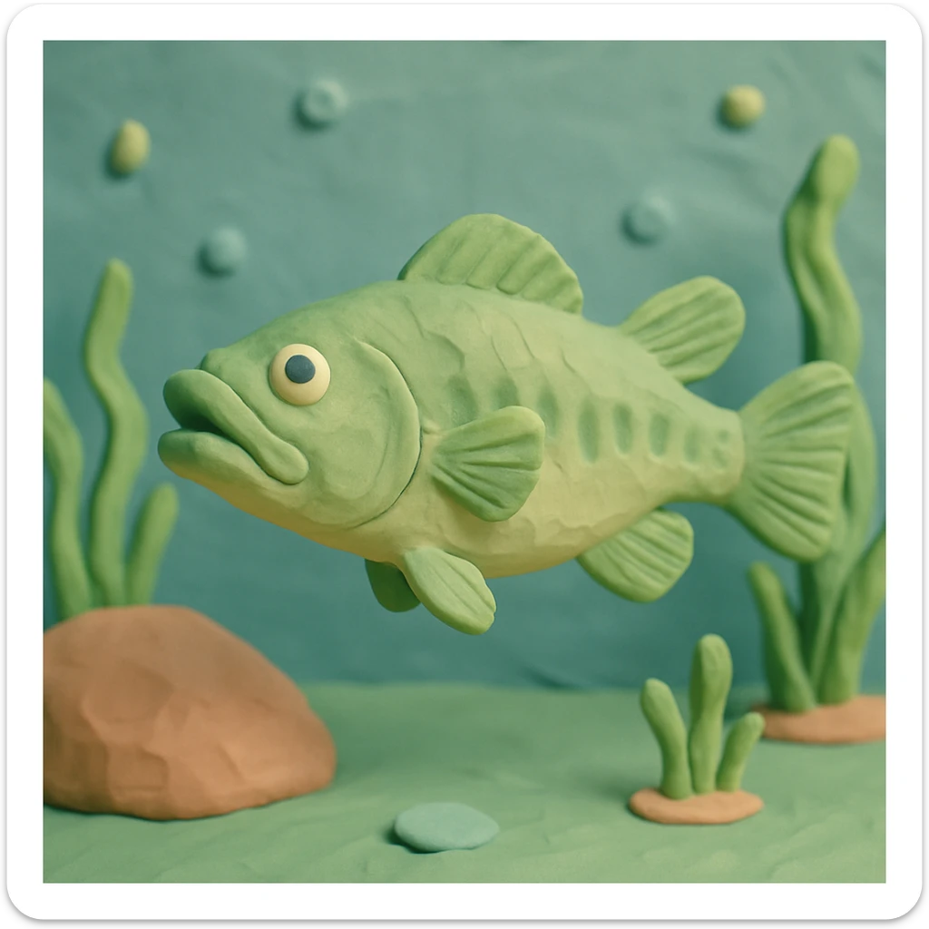 largemouth bass swimming in a pond, visible fingerprints, pastel colors, claymation style sticker