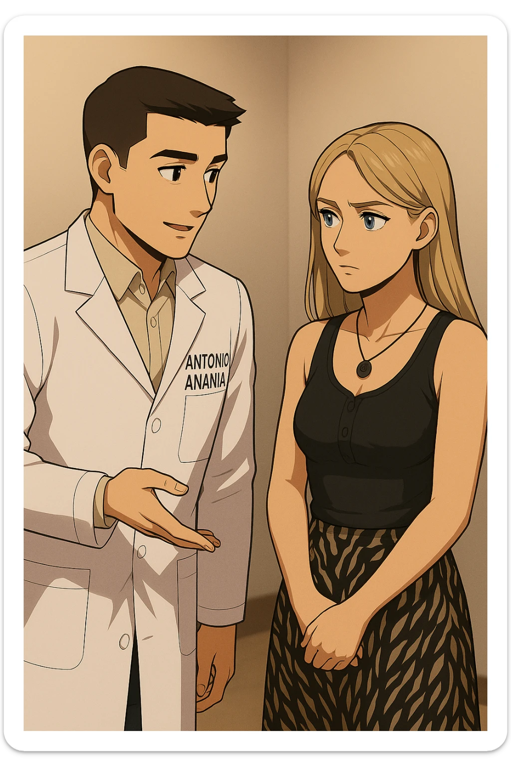 fai un webtoon/manga a colori con questo kinesiologo in camice bianco (fagli la scritta "ANTONIO ANANIA" SUL CAMICE) CHE PARLA CON QUESTA RAGAZZA CON GLI OCCHI AZZURRI. la ragazza gli fa una domanda preoccupata e IL KINESIOLOGO CON IL CAMICE BIANCO LE risponde. NON FARE I FUMETTI, FAI SOLO LORO COME SE DIALOGASSERO sticker