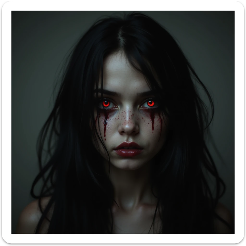 realistic horror portrait of a beautiful scary girl with long black hair, blood-red eyes, supernatural aura, horror style sticker