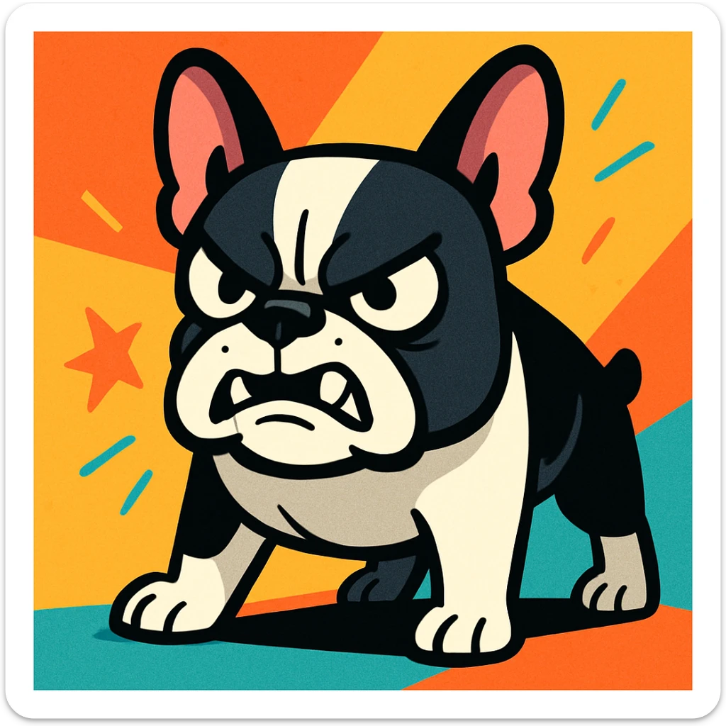 angry black and white French bulldog vibrant cartoon style sticker