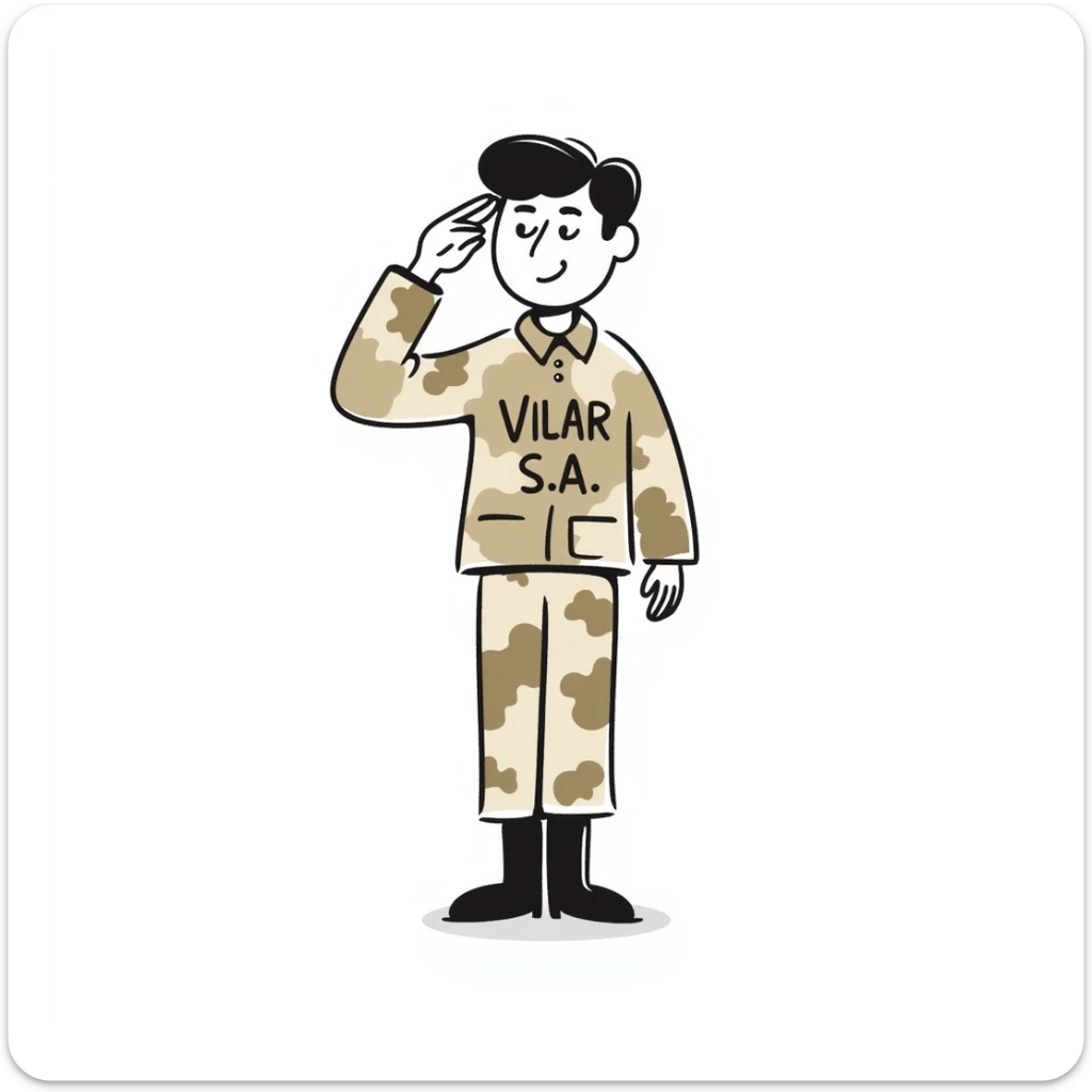 soldadito militar con camuflaje en crema, marrón y beige, saludando, con 'Vilar S.A.' escrito en el pecho, estilo dibujo a mano alzada sticker