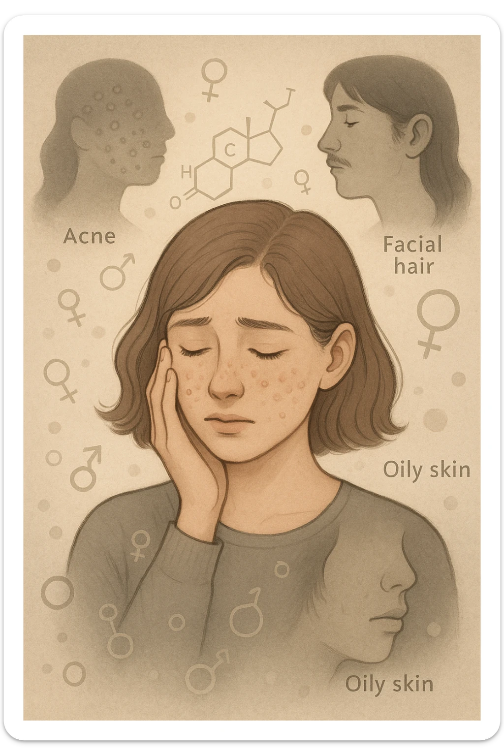 A young woman is surrounded by faint overlays of hormonal symbols and androgen molecules, with shadowy images of acne, facial hair, and oily skin projected around her, symbolizing the symptoms of PCOS with androgen excess. She looks down, gently touching her face with a resigned but hopeful expression, symbolizing her journey toward managing these symptoms. sticker