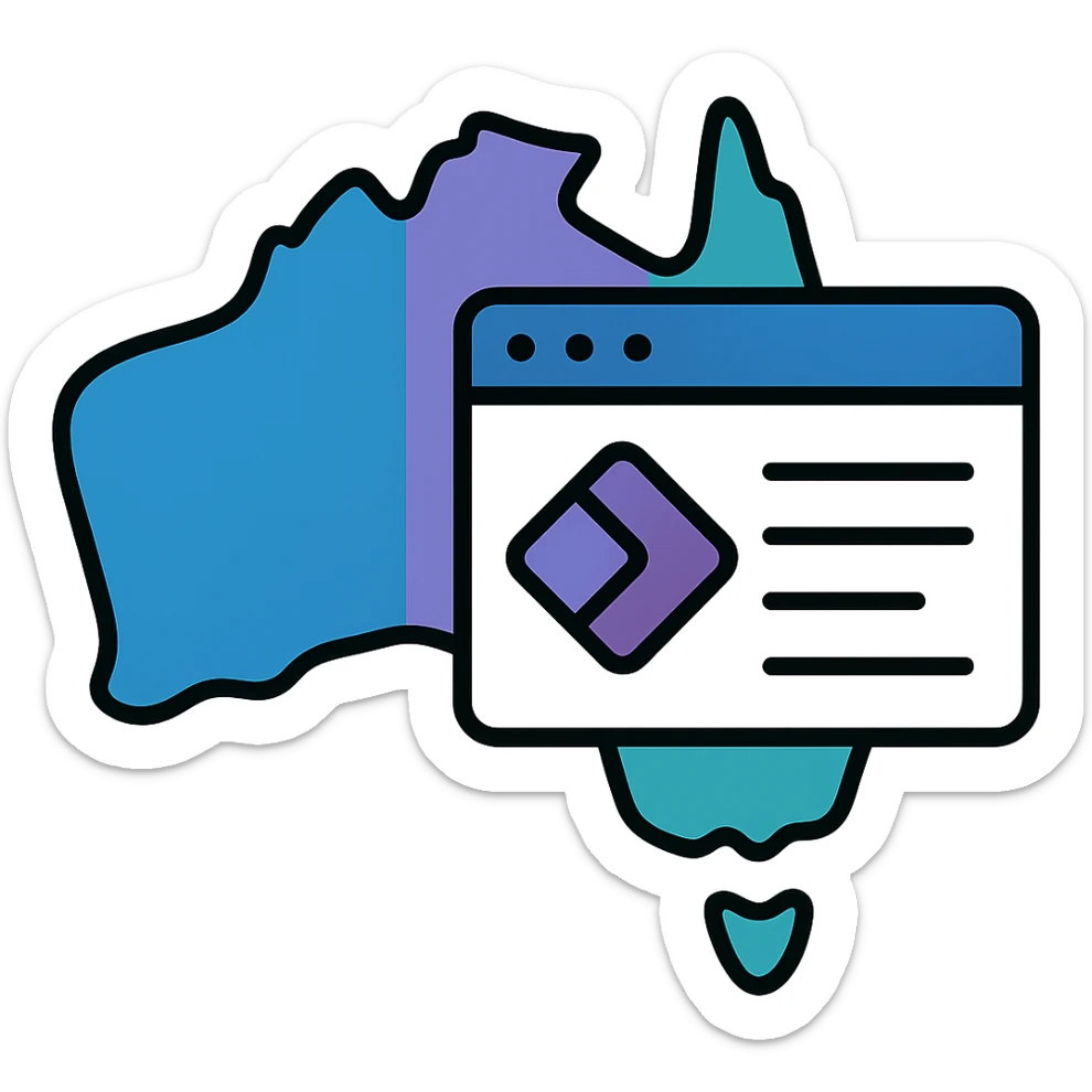 Add Microsoft Power Pages brand colors (blue, purple, teal) to the map of Australia with digital web page overlay, keep the modern and techy look, no text sticker