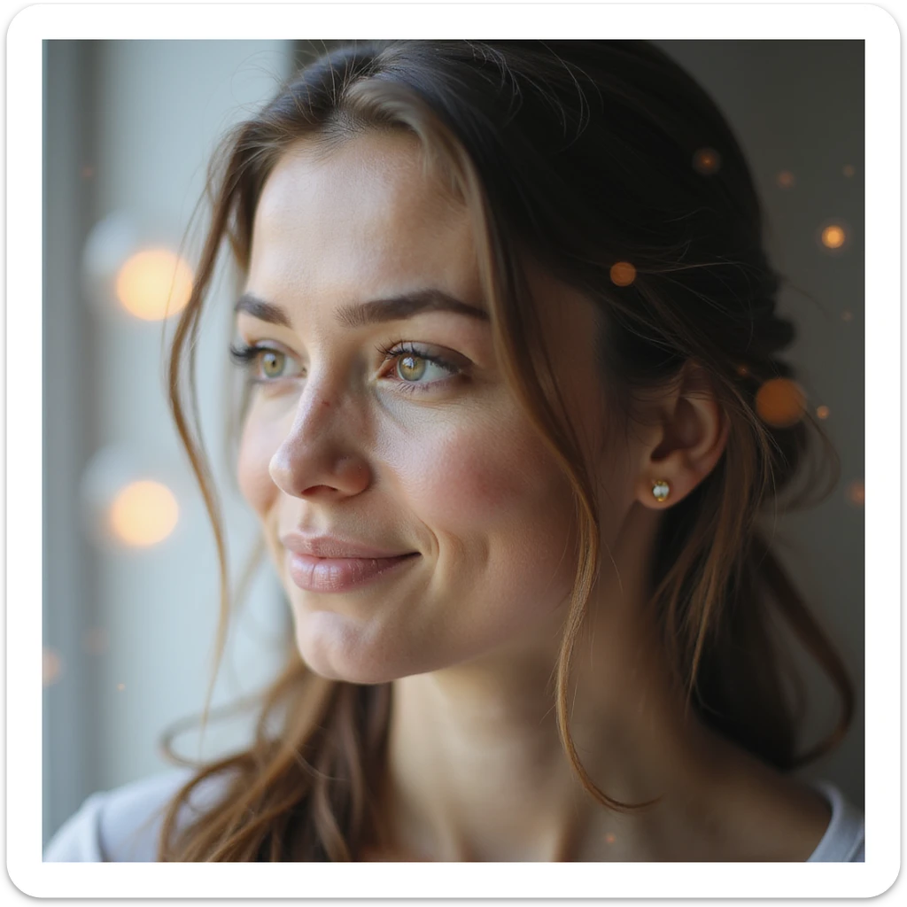 realistic medical art photograph of a serene and confident woman with PCOS, symbolically represented with improved healthy glowing oocytes next to her or in transparency, clinical or bright environment, natural light sticker