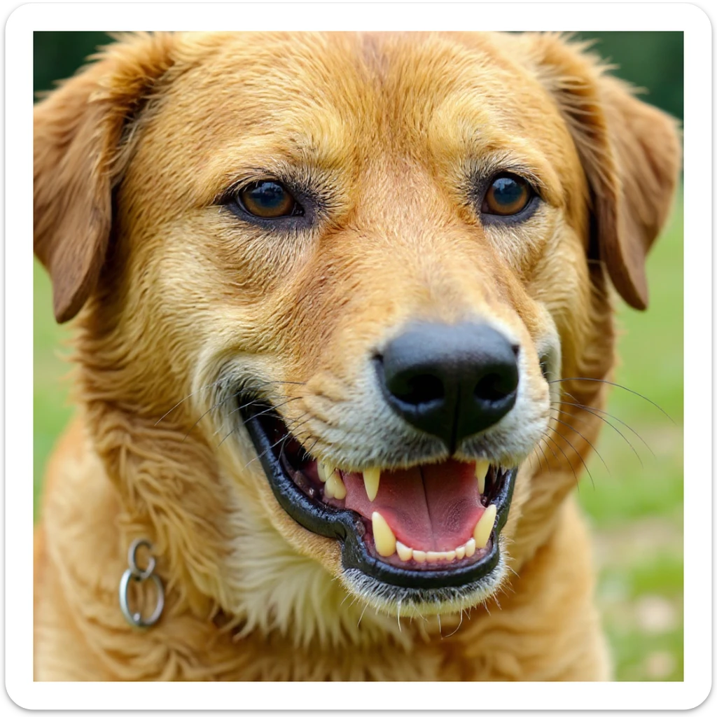 Remove the background and make the red heart in the dog's mouth much bigger, keeping the style realistic with clean edges. sticker