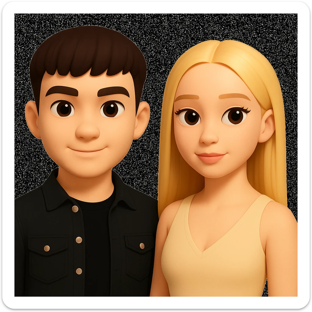 Slightly increase the volume of the upper body of the girl, significantly spread them apart from each other, make the skin color the same for both characters, while preserving the cartoonish 3D style as seen in the reference image. sticker