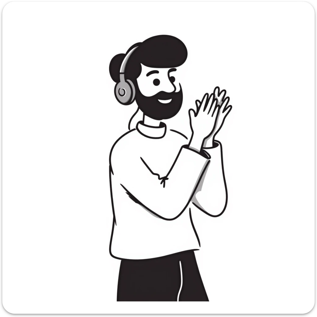 Anime style man with black hair, brown eyes, and black beard wearing gaming headset and clapping in celebration, anime art style sticker