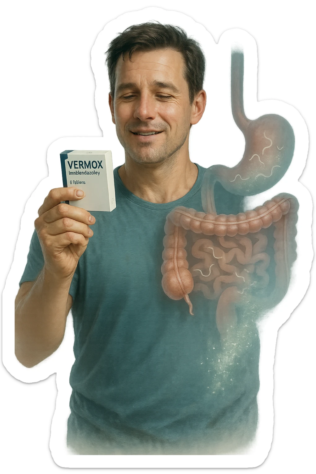 A realistic, cinematic illustration of a man in his late 30s holding a small white box of ‘Vermox’ (mebendazole) in one hand, with a relieved and hopeful expression on his face. Behind him, a semi-transparent overlay shows his digestive tract where small, symbolic worm-like parasites are dissolving and disappearing, indicating the medication’s effect. The environment is clean and bright, with a medical yet hopeful tone, conveying the concept of effective parasite removal. Subtle blue and green tones symbolize cleansing and health restoration, while the man appears energized and ready to reclaim his well-being sticker