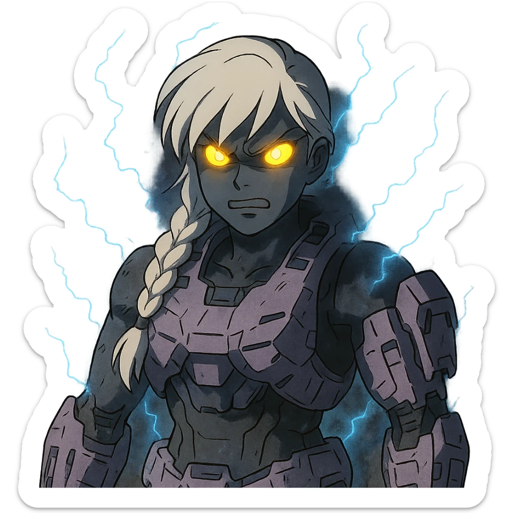 female, wearing reach spartan armor shoulder-unequip, long white braid hair with massive messy front side single bangs, gold yellow eyes, attention pose, D-cup size, HALO:series, no helmet, the armor is lavender color scheme, eyes glowing, demon eye, gleam, rage aura, body steaming dark gray, blue electricity, mouth clowed scowling sticker