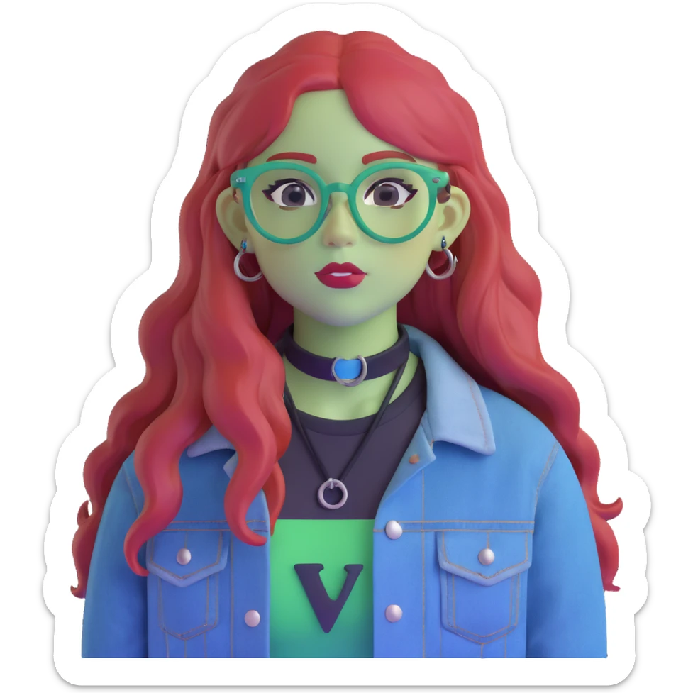 portrait of a cute young woman, long red hair, blue translucent glasses, black choker, septum ring, denim jacket with 'LIB' patch, calm face sticker