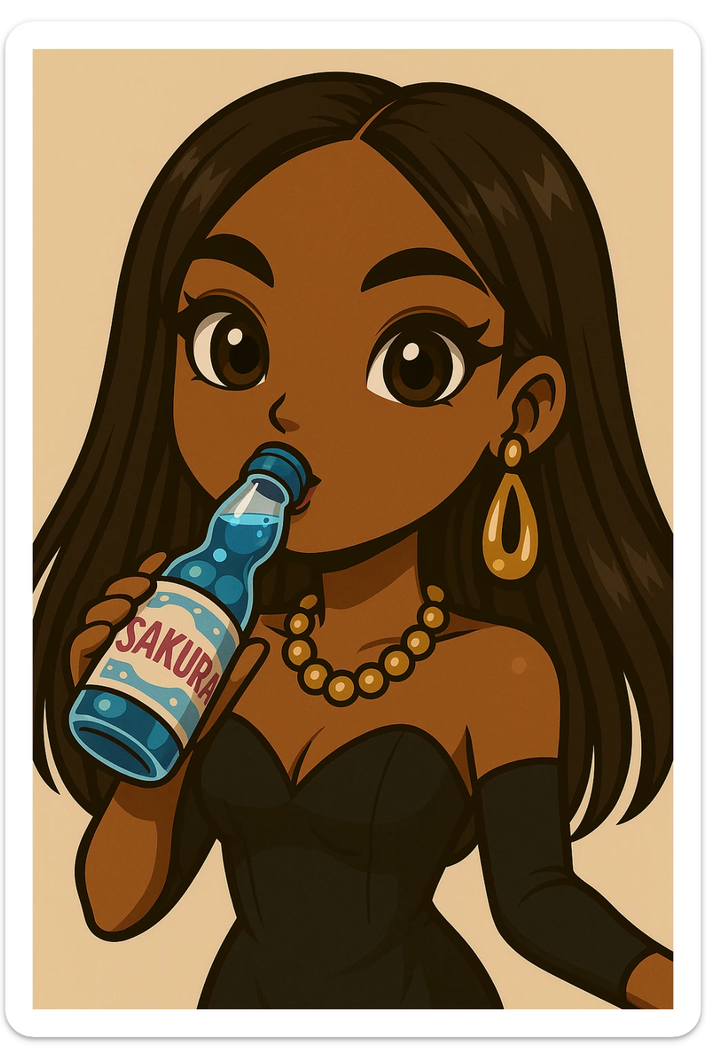 Add the word 'Sakura' to the blue Ramune soda bottle label. Headshot only of a 20-year-old anime Bratz style woman with dark skin, straight hair, trendy outfit, big expressive eyes, glossy lips, no hat, no tears, happy expression, both eyes open, looking straight ahead, drinking blue Ramune soda from the classic glass bottle. sticker