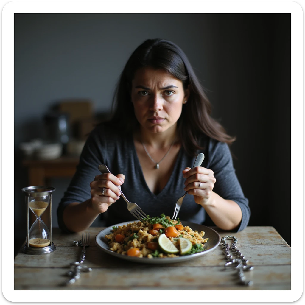 ultra realistic photo of an adult woman sitting at a table with healthy food, expression of discomfort, hands gripping cutlery tightly, cold natural light, kitchen background, symbol of punishment such as chains or hourglass, environment communicating sacrifice sticker