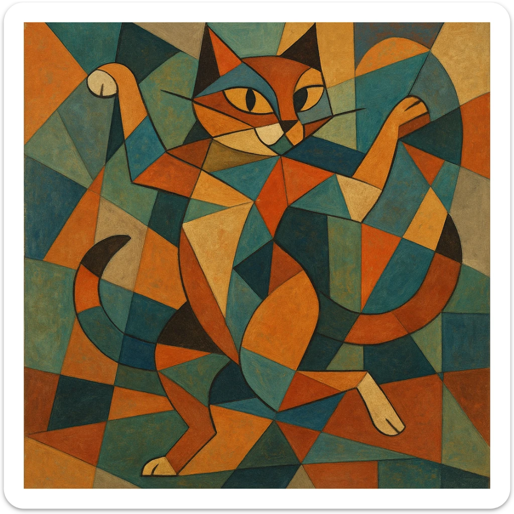 gato bailando, estilo cubista, formas geométricas, colores vibrantes, arte abstracto sticker
