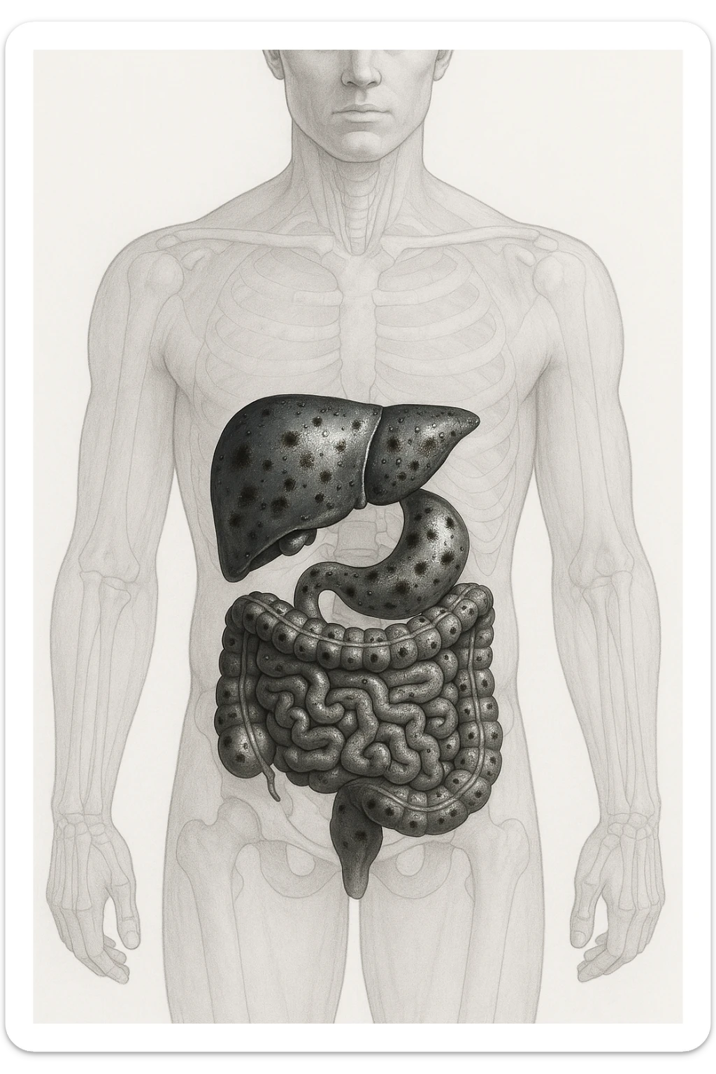 fegato e intestino intossicato da metalli pesanti su un corpo umano in 3D sticker