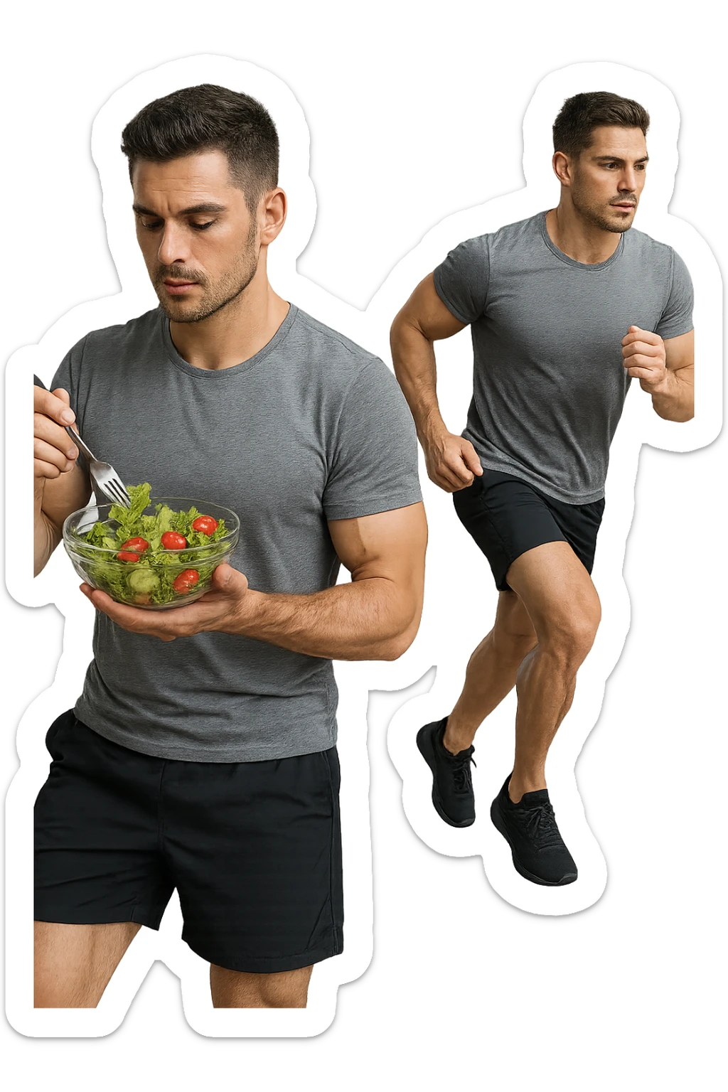 uomo fitness che mangia insalata accanto a uomo identico esteticamente che corre, iperrealistici 4k sticker