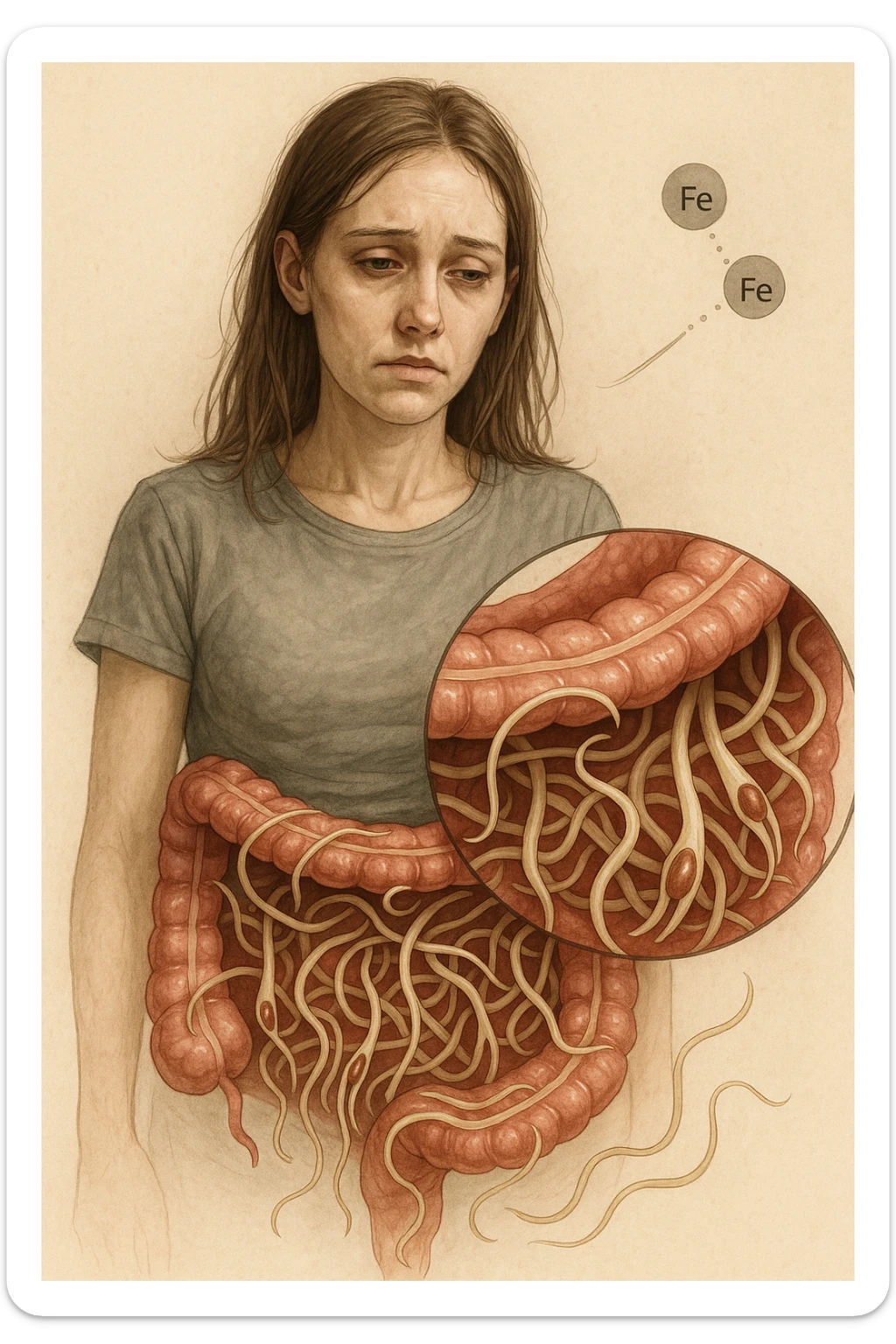 donna con parassiti intestinali che amano la sua carenza di ferro così possono svilupparsi. Immagini realistiche sticker