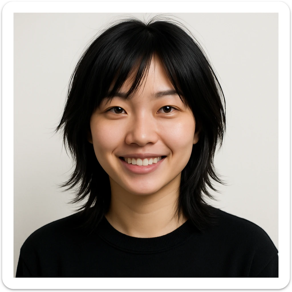 portrait of a Chinese girl with black layered hair, modern, friendly expression, clean background sticker