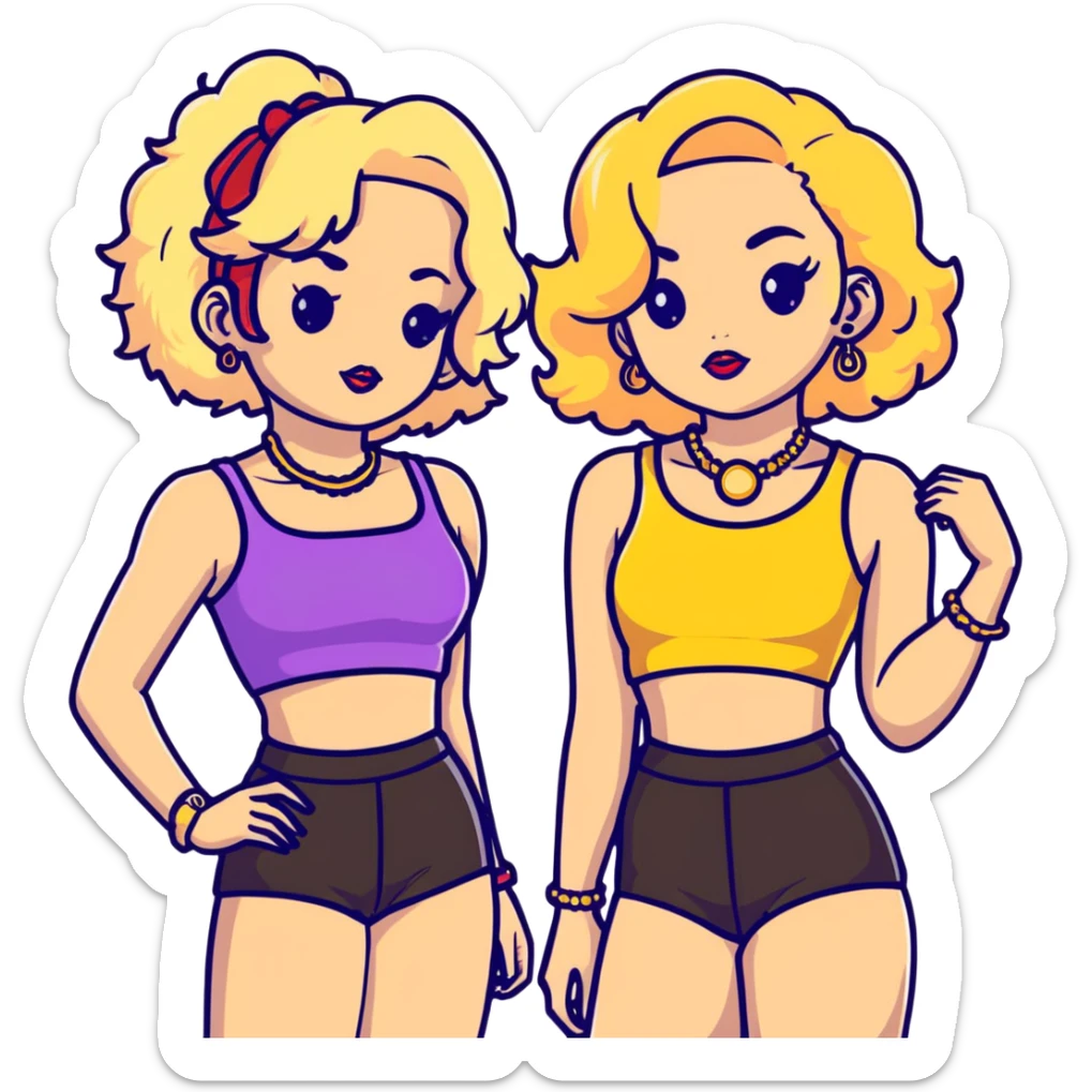 Full body of two teenage girls standing together, one white with straight blonde hair and one brown-skinned with curly dark hair, both with heavy makeup, big lips, crop tops, gold jewelry and flashy choni style outfits sticker