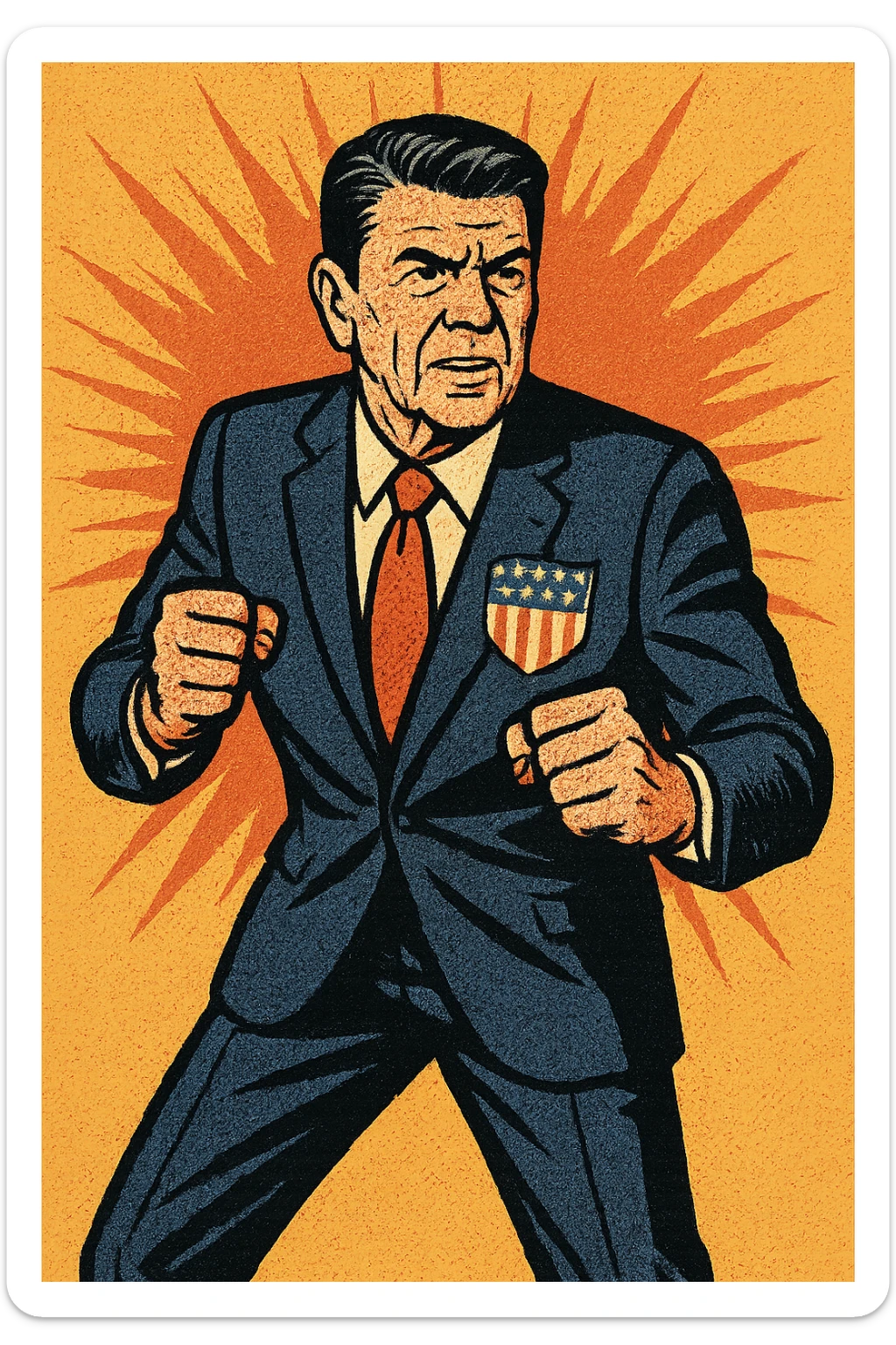 The full body of US President Reagan looking determined with his fists out ready to fight. He has a large US flag badge on his chest sticker