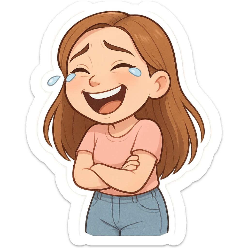 3D cartoon sticker of a 30-year-old woman with long light brown hair below shoulder blades, fair skin, large expressive blue eyes, slight bump on nose, wearing a pastel pink t-shirt and light blue mom jeans, laughing to tears expression, DreamWorks style, soft light, white sticker outline sticker