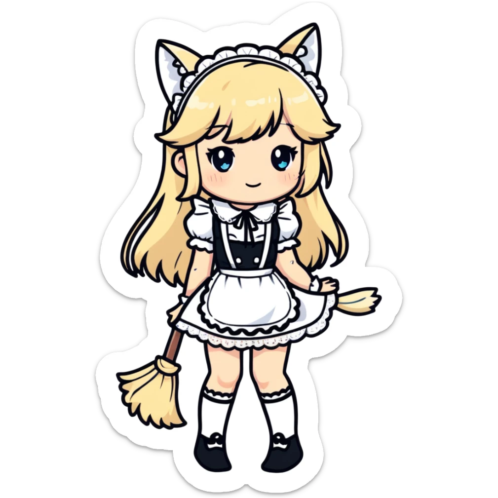 petite blonde catgirl woman long hair freckles shy lace white French maid bare feet sticker