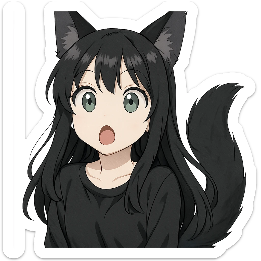 a surprised girl with huge green eyes, black fox ears, and a tail, dark hair sticker