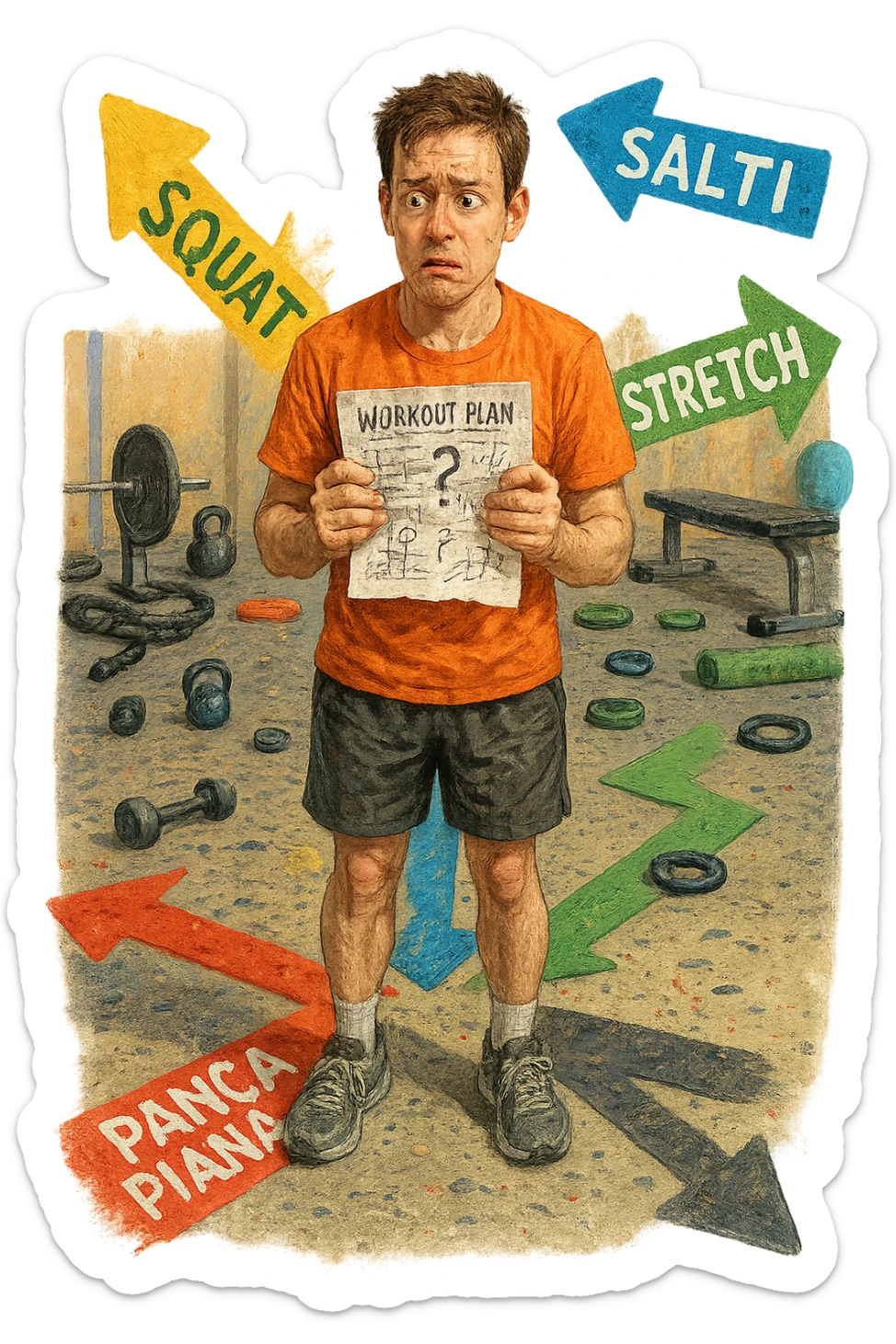 a person stands in the center of a gym, surrounded by arrows pointing in all directions, each labeled with a different exercise (e.g., “squat,” “Salti,” “stretch,” “Panca Piana”). The person looks bewildered, holding a workout plan with scribbles and question marks. The scene is colorful but visually messy, symbolizing confusion. in italiano immagine iperrealistica sticker
