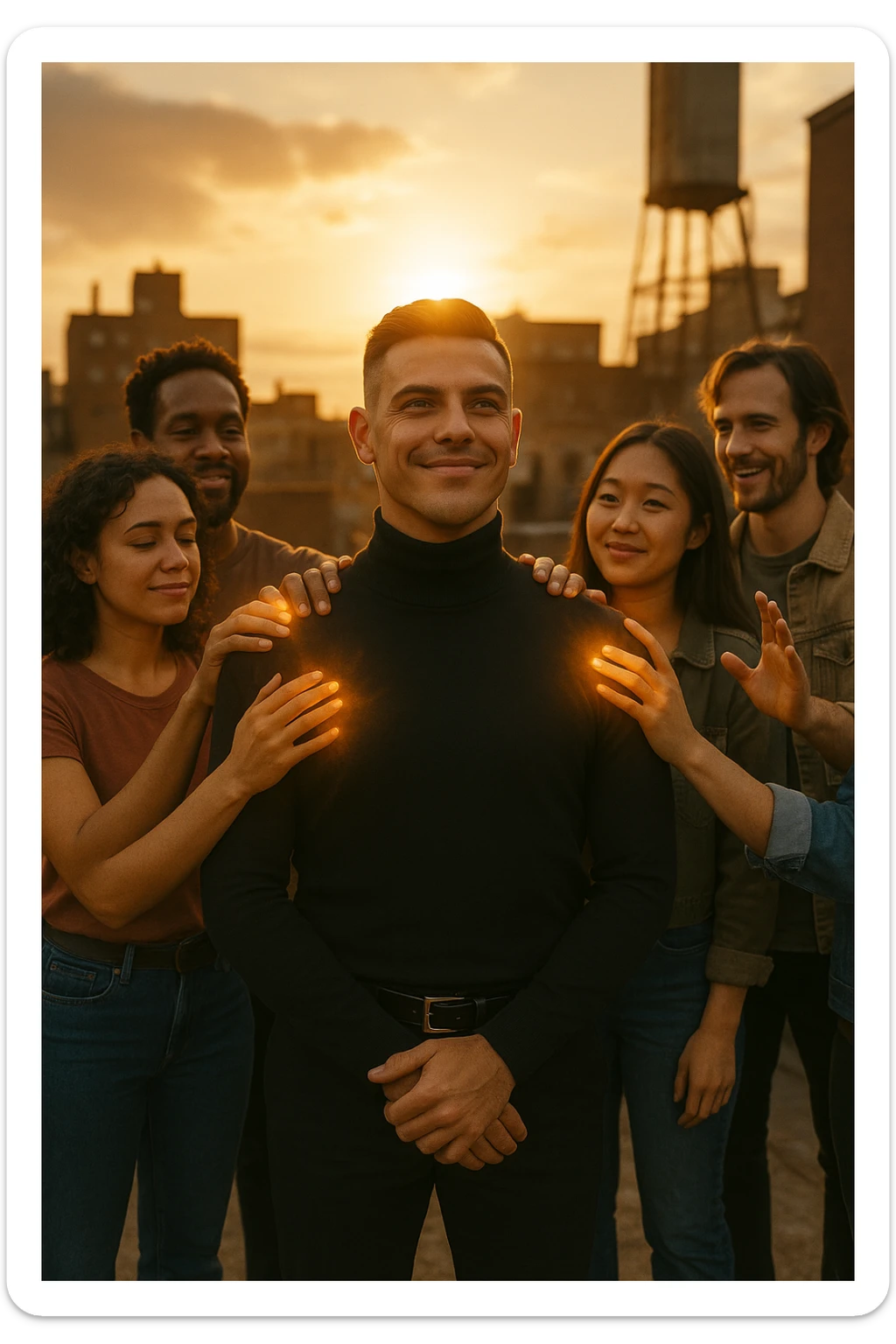 A cinematic scene of a man in his early 30s standing at the center of a sunlit urban rooftop during golden hour, surrounded by a diverse group of supportive, smiling people — friends, mentors, colleagues. They’re standing slightly behind or beside him, hands on his shoulder or gesturing toward him with encouragement. The man looks forward with a confident, inspired expression, body slightly relaxed, as if something inside di lui sta cambiando. The light behind the group forms a halo effect, emphasizing warmth and unity. Subtle visual symbolism: faint glow around their hands and hearts, suggesting their energy is uplifting him. Realistic clothing, modern style — jeans, T-shirts, casual jackets. The mood is inspiring, grounded, and full of potential. Shot in 35mm film style, with rich warm tones, shallow depth of field, and vibrant human detail. sticker
