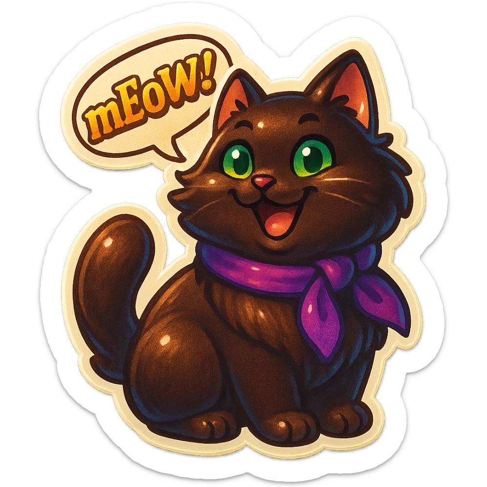 Fluffy cute silly smiling happy dark-brown cat with green eyes and a purple scarf saying ‘mEoW~!’ (With a speech bubble) sticker