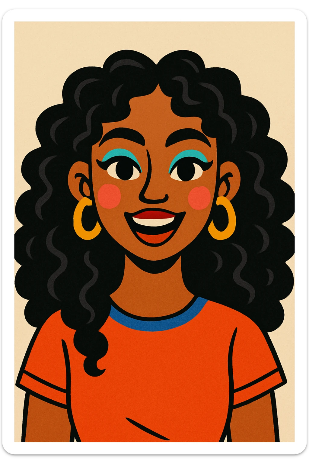 portrait of a young brown-skinned woman with long, abundant, curly black hair, brown eyes, colorful makeup, expressive face, neutral background sticker
