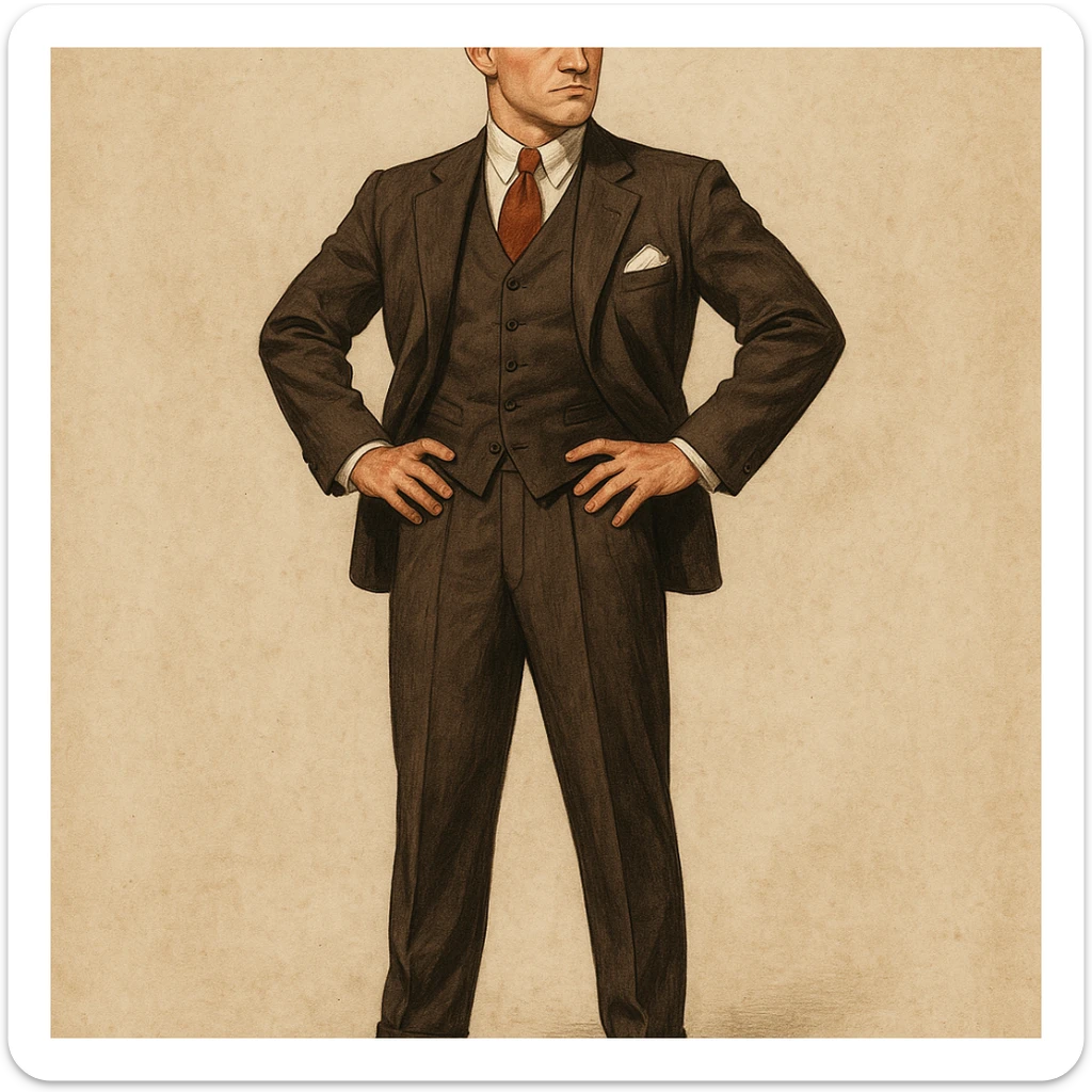 full body illustration of Tom Buchanan, Great Gatsby, formal attire, athletic, arrogant expression, 1920s style sticker