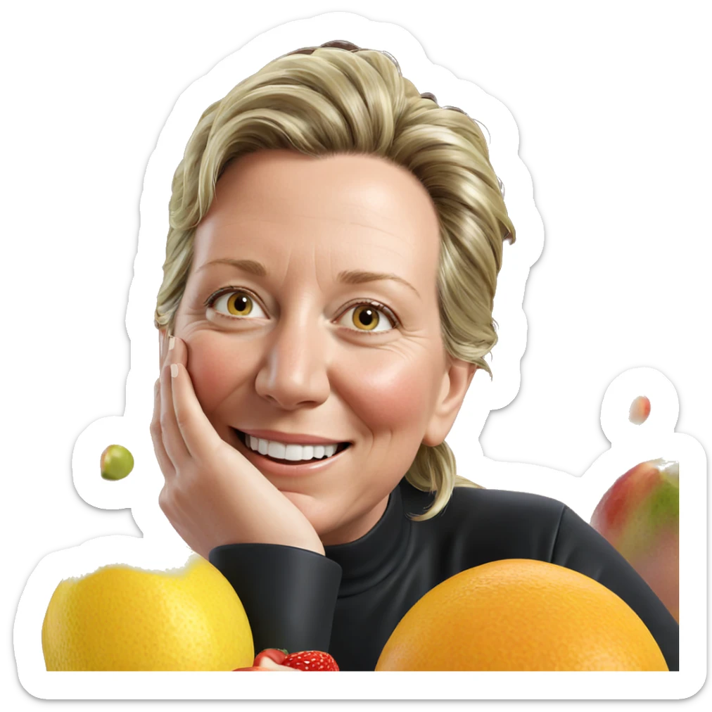 smiling woman enjoying fruit sticker