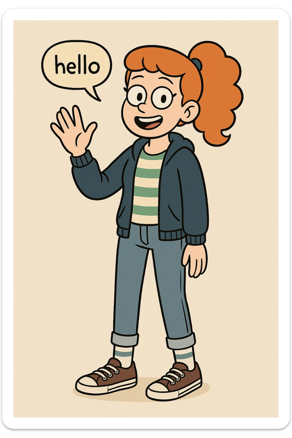 A girl Orange curly ponytail white green stripes ddre sshair jacket jeans blue sports striped socks brown converse women's chuck taylor all star shoreline slip on casual shoe wave and say hello sticker