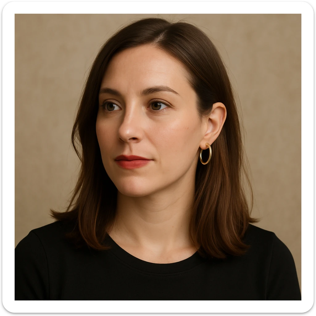 30 year old white woman, shoulder-length hair, brown eyes, left side of hair tucked behind ear, lipstick, hoop earrings, looking to the side, upper body portrait sticker