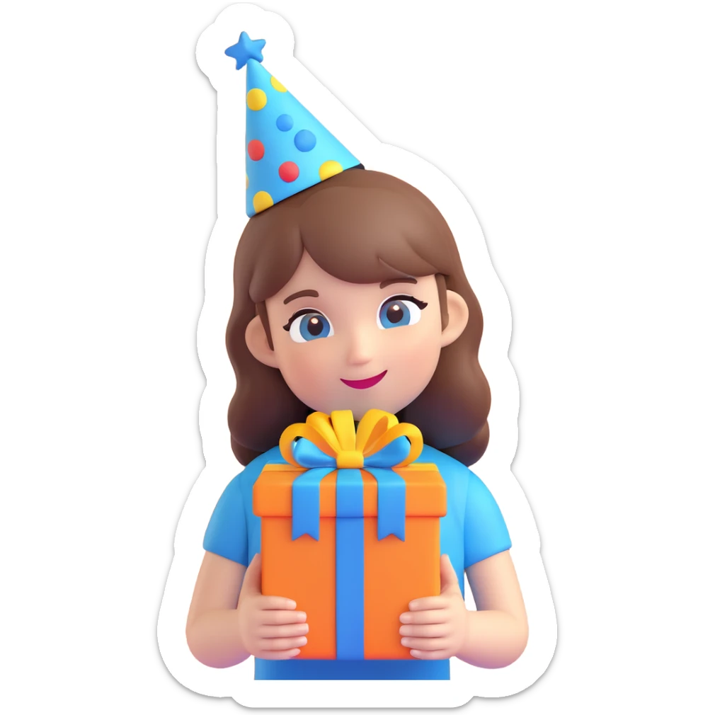 girl with brown hair and blue eyes, holding a present, wearing a birthday hat, 3D emoji style sticker