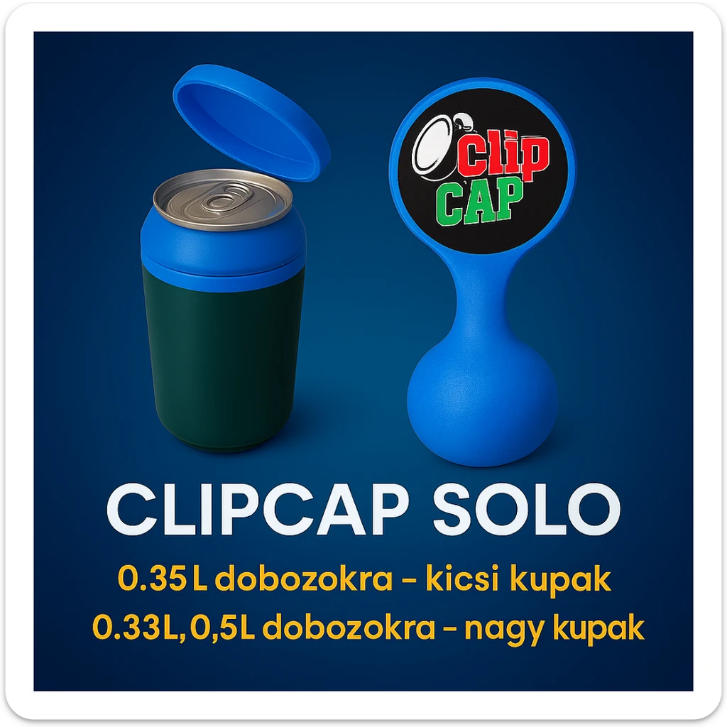 A kupakokat színezd át kékre. A CLIPCAP DUO felírat helyett CLIPCAP SOLO felírat legyen, a "kicsi és nagy kupak a csomagban" szöveg helyett "0.25L dobozokra - kicsi kupak" és a "0.33L,0.5L dobozokra - nagy kupak" külön sorban. A 0.25L, a 0.33L, a 0.5L-t ponttal írd! sticker
