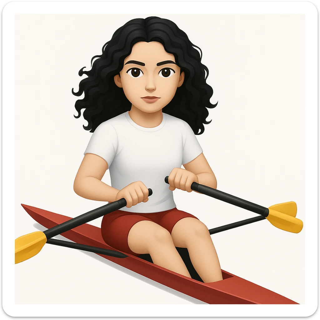 Altındaki tekneyi olimpik kürek sporu için uygun, uzun ve ince yarış teknesi olarak değiştir. Kız siyah uzun dalgalı saçlı, beyaz tenli, kırmızı şort ve beyaz kısa kollu tişörtle olimpik kürek sporu yapıyor sticker