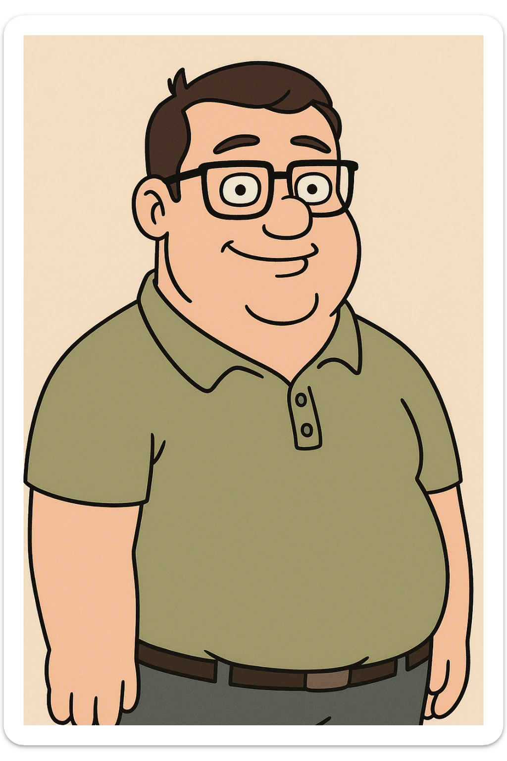 cartoon style male with short dark brown hair, glasses, stocky, greeny blue eyes, friendly expression sticker
