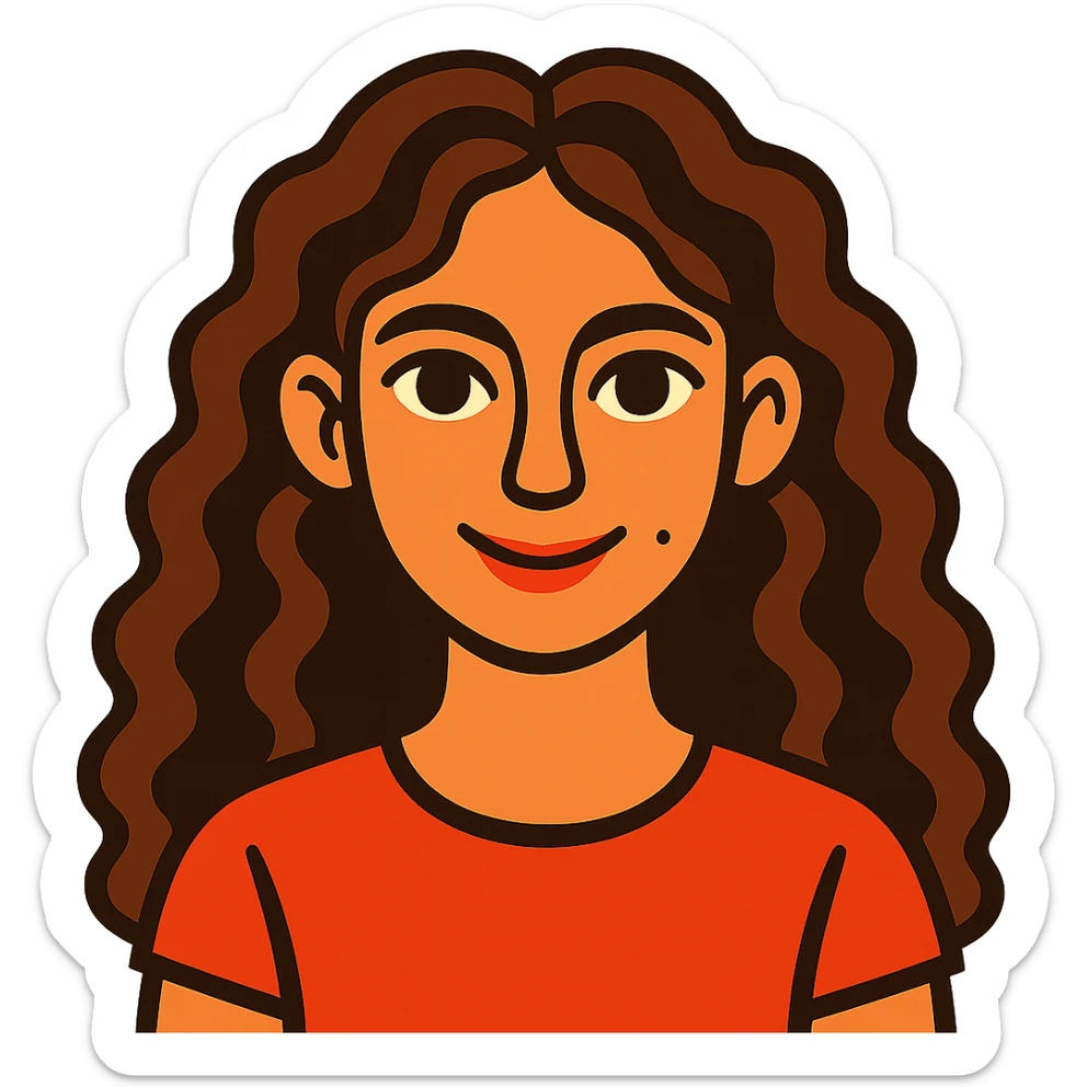 vibrant illustration of a girl with long curly brown hair (not too dark), intense dark brown eyes, clear skin (neither pale nor tan), mole on right cheek, loving expression sticker