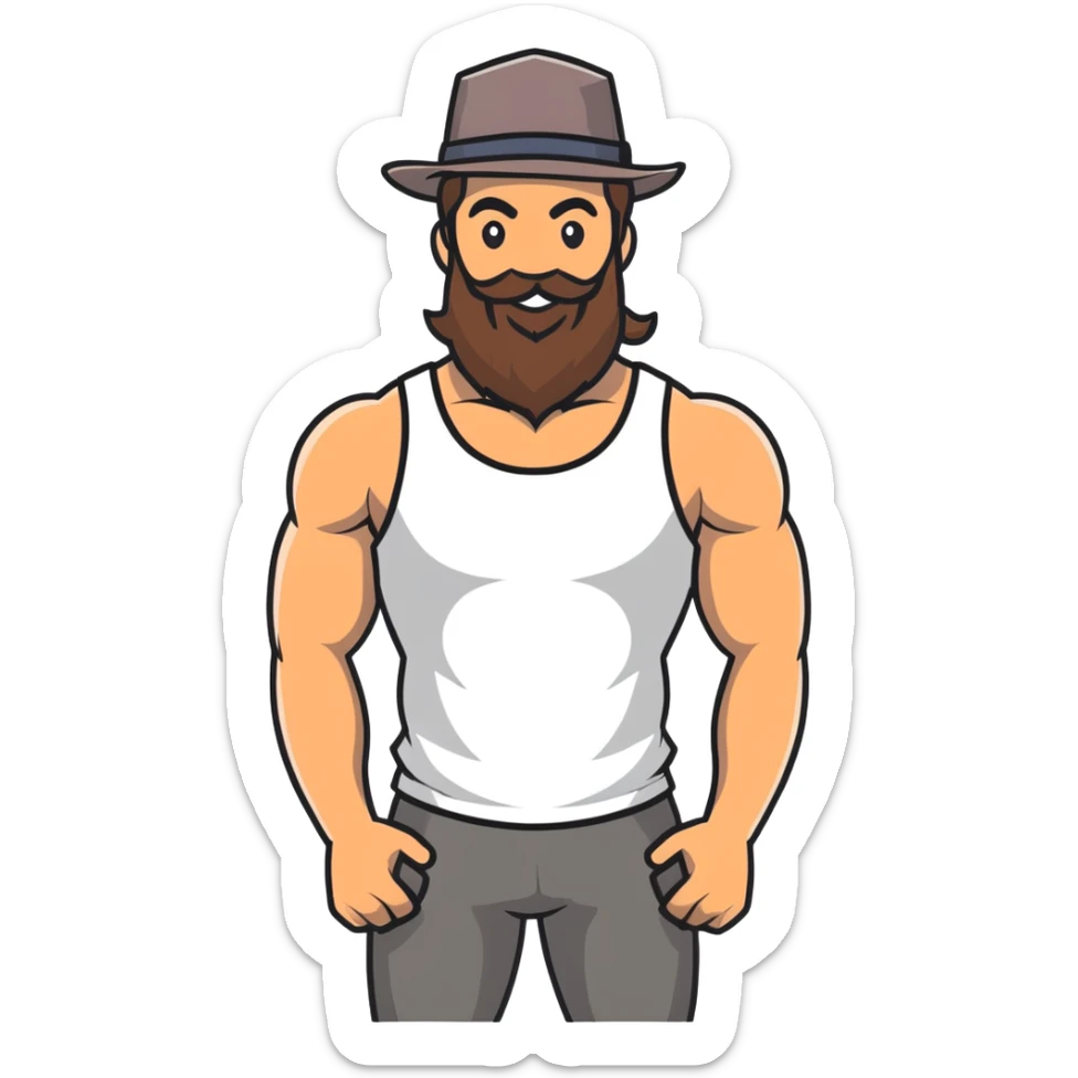 Muscular man with mid-long hair wearing a hat, big beard, smiling, white tank top sticker