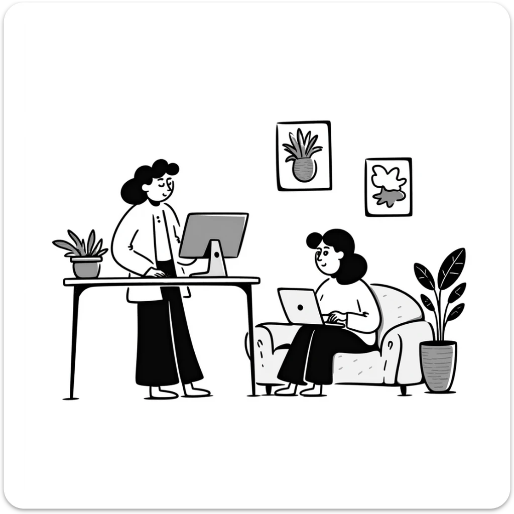 escenary 3d of a cozy mid-century living room with two people working on laptops, one man standing at a desk and one woman sitting on a couch, two walls and floor visible sticker