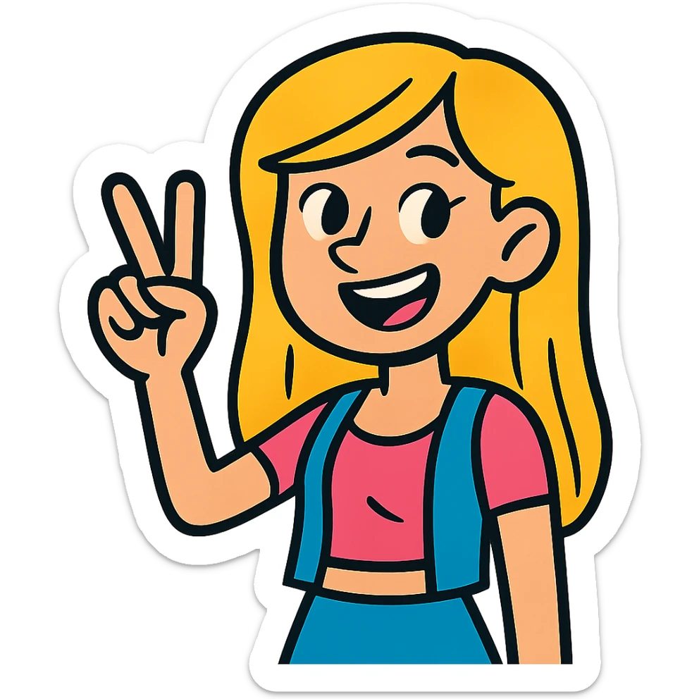 blonde popular girl making a peace sign with her hand, vibrant cartoon style sticker