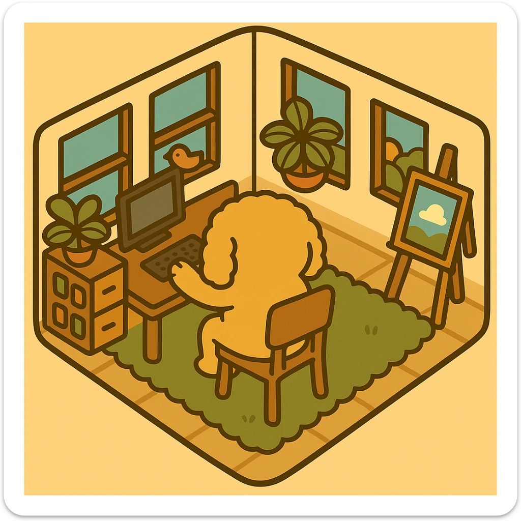 Adjust the dog to be sitting on the chair, back facing us, very close to the table, with paws on the keyboard, clearly using the computer, maintaining the original illustration style. sticker