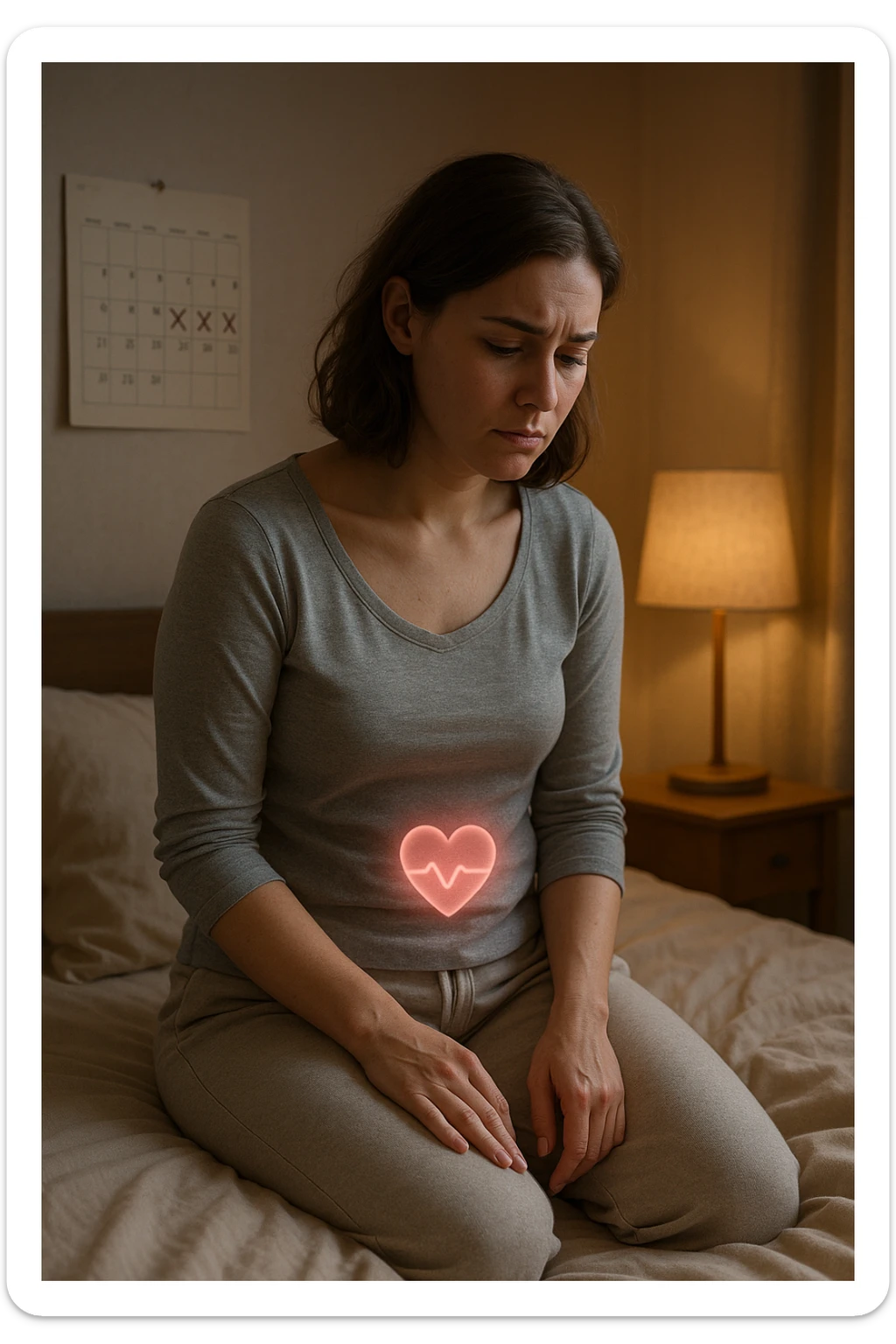 3D realistic medical illustration: a young woman in her 20s or 30s sits on the edge of a bed in a softly lit bedroom, looking thoughtful and slightly concerned. She wears comfortable loungewear, her posture is slouched, and her expression is subdued. Subtle visual cues—such as a faded calendar with missed menstrual cycles and a dimmed heart or energy icon near her abdomen—symbolize low libido and amenorrhea. The scene is realistic, intimate, and empathetic. sticker