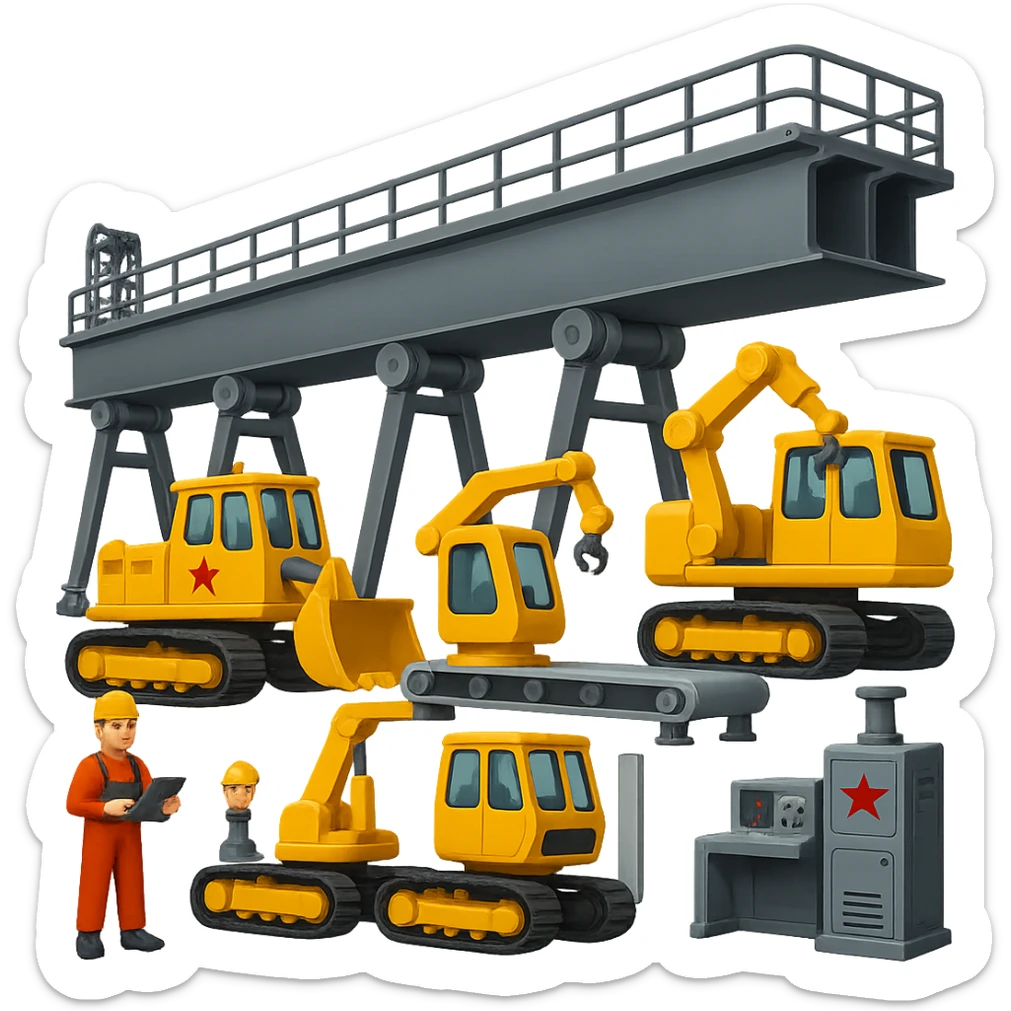 Add more assembly line machinery and equipment to the Soviet heavy equipment plant in emoji style, with no background. sticker